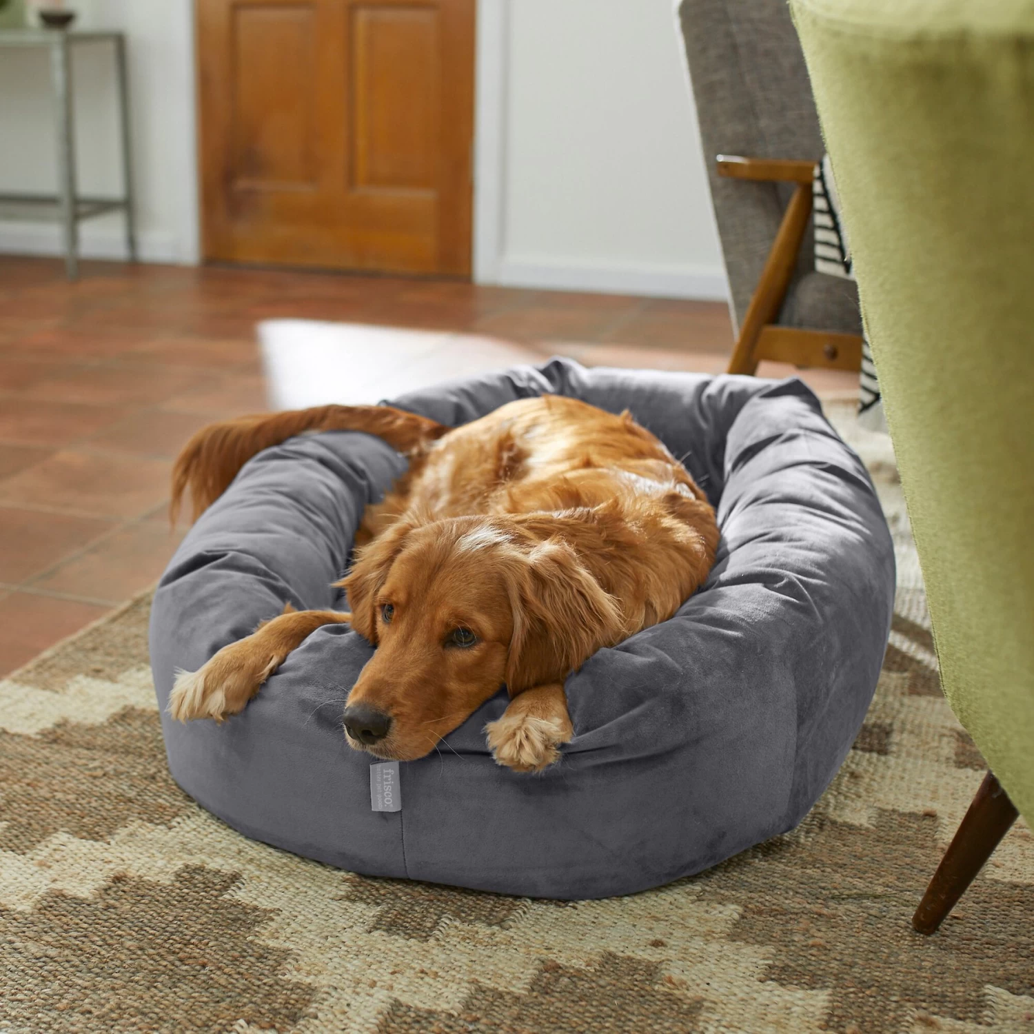 Frisco Velvet Round Bolster Dog Bed W/Removable Cover 1 Frisco Velvet Round Bolster Dog Bed W/Removable Cover