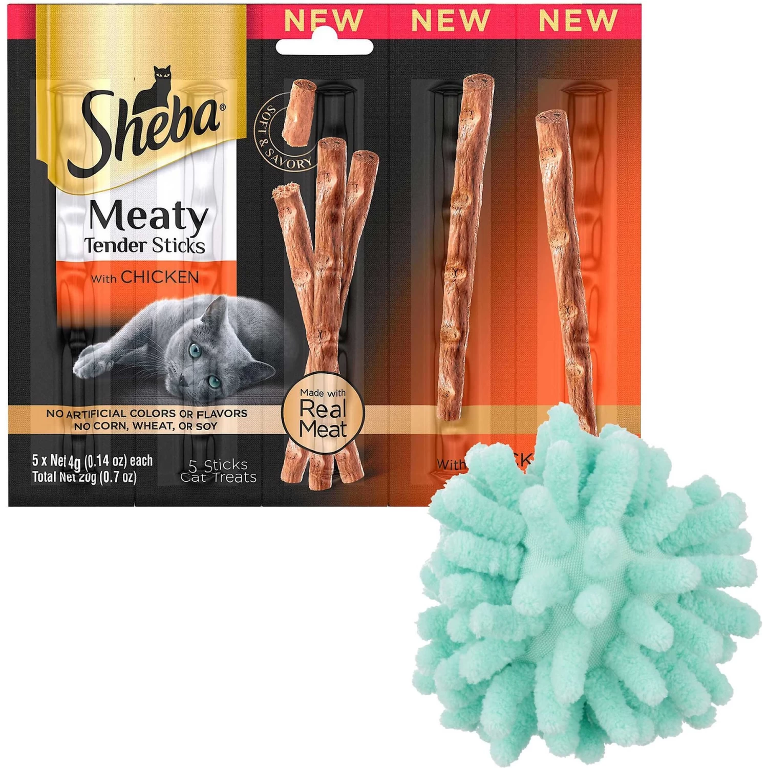 Sheba Meaty Tender Sticks Chicken Flavor Soft Adult Cat Treats & Frisco Moppy Ball Cat Toy With Catnip 1 Sheba Meaty Tender Sticks Chicken Flavor Soft Adult Cat Treats & Frisco Moppy Ball Cat Toy With Catnip